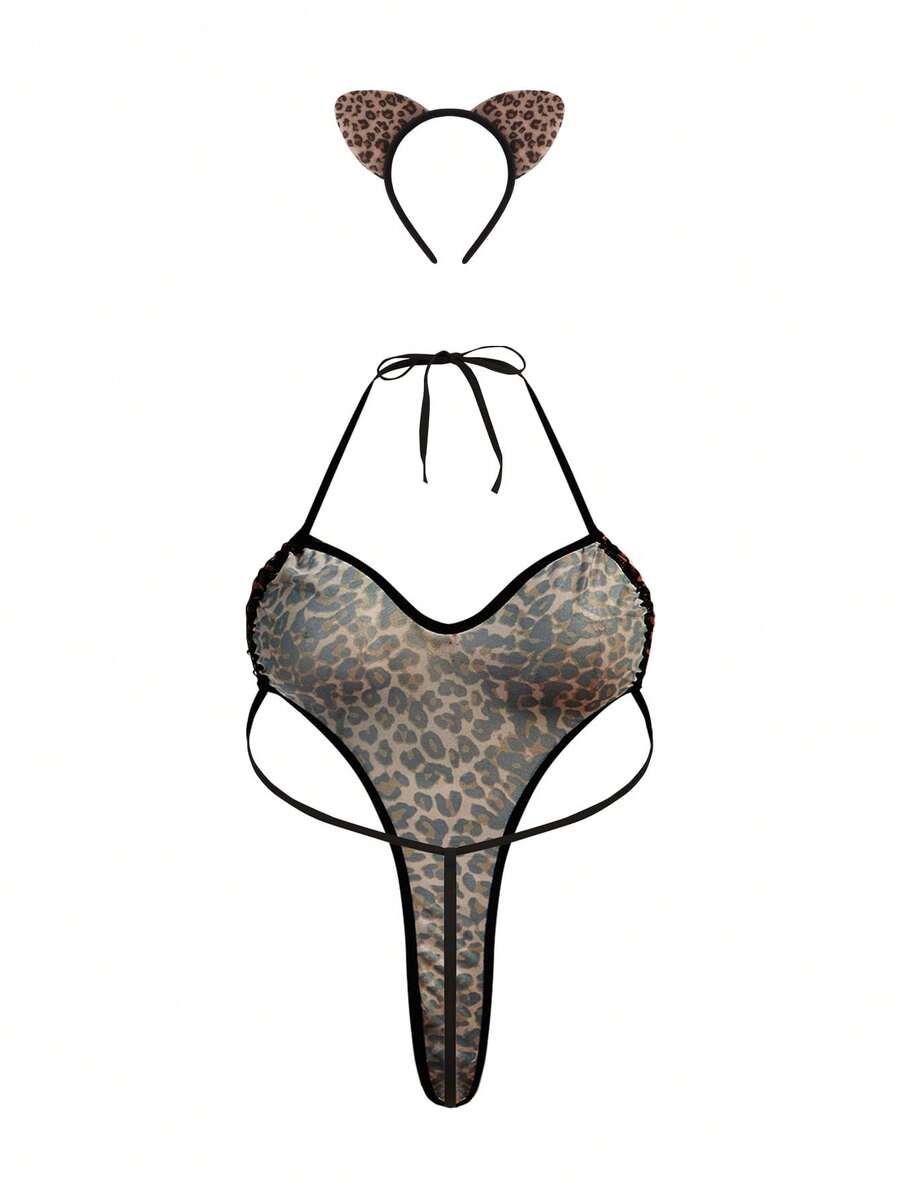 SHEIN Fantasy Costume طقم جلدي نمري قطعتان مع أذنين وبابي دول