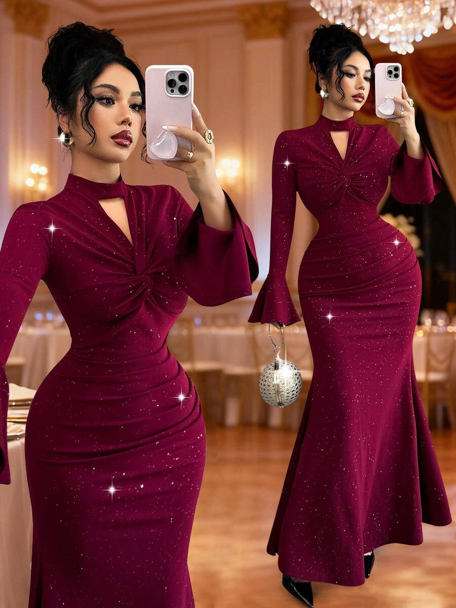 SHEIN Elenzga فستان عنابي بنسيج معدني مجعد وأكمام واسعة