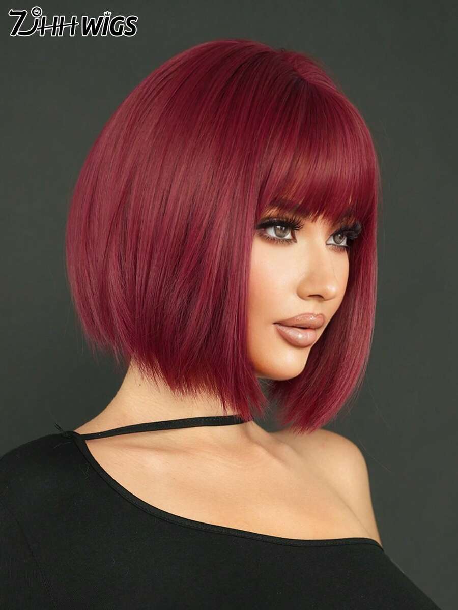 SHEIN باروكة شعر قصيرة 12 بوصة أرجواني أحمر مقاومة للحرارة