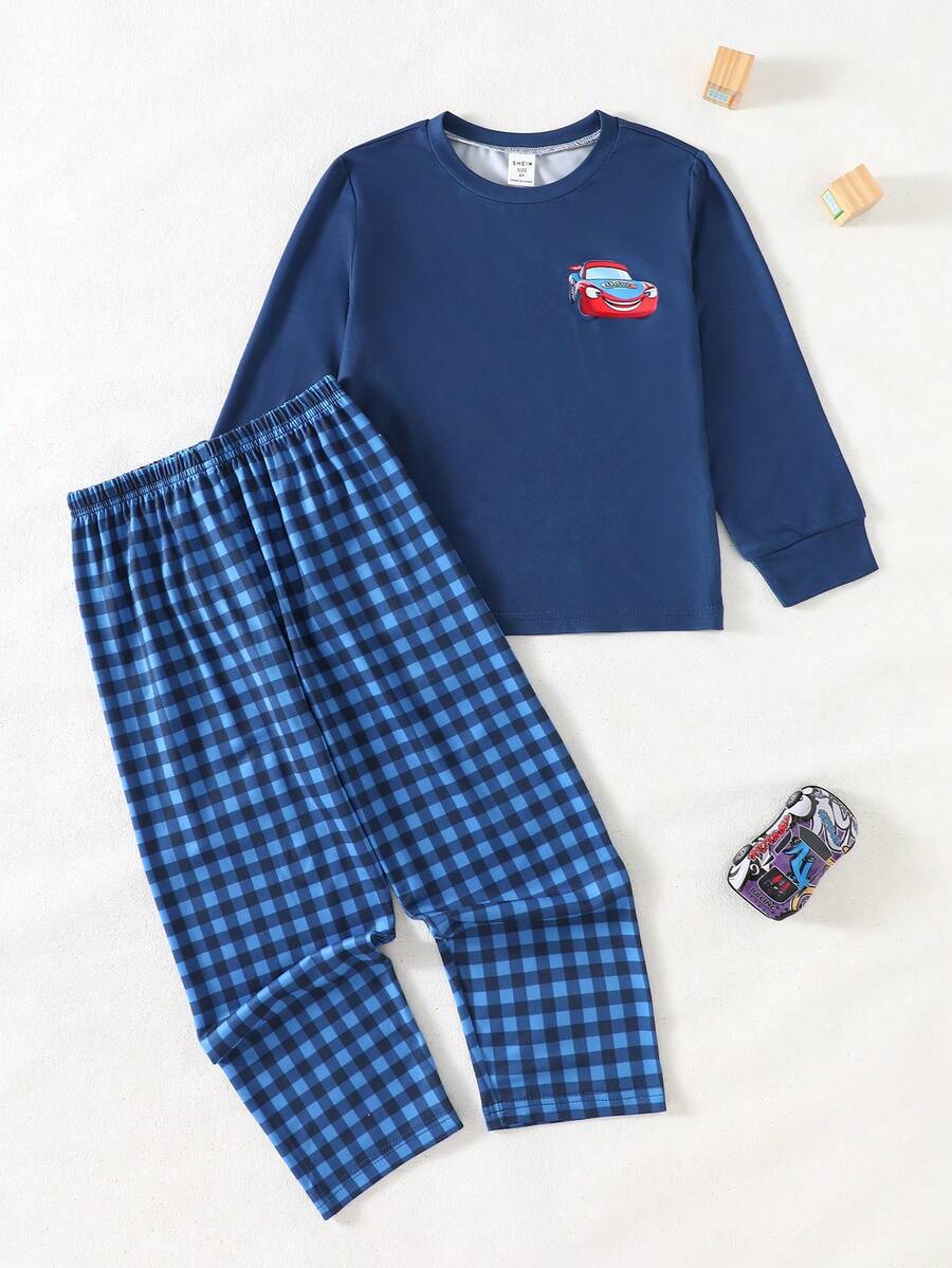 SHEIN بيجامة كاجوال 2 قطعة بنقشة سيارات بلوزة بأكمام طويلة وبنطلون