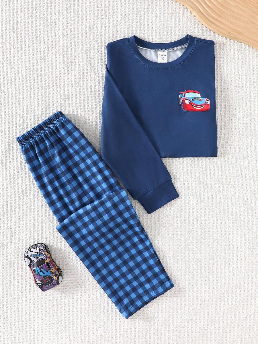 SHEIN بيجامة كاجوال 2 قطعة بنقشة سيارات بلوزة بأكمام طويلة وبنطلون