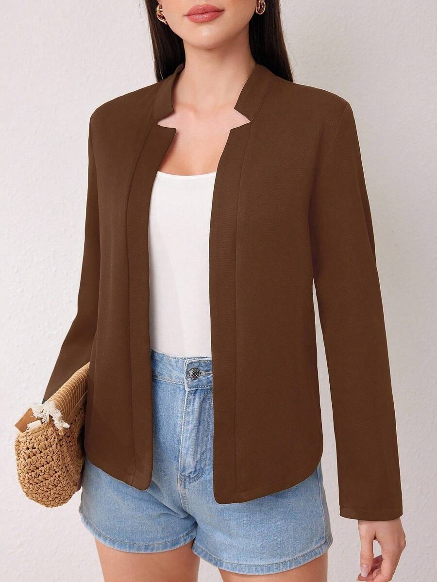 SHEIN معطف نسائي قصير كاجوال بأكمام طويلة وبلون قهوة بني