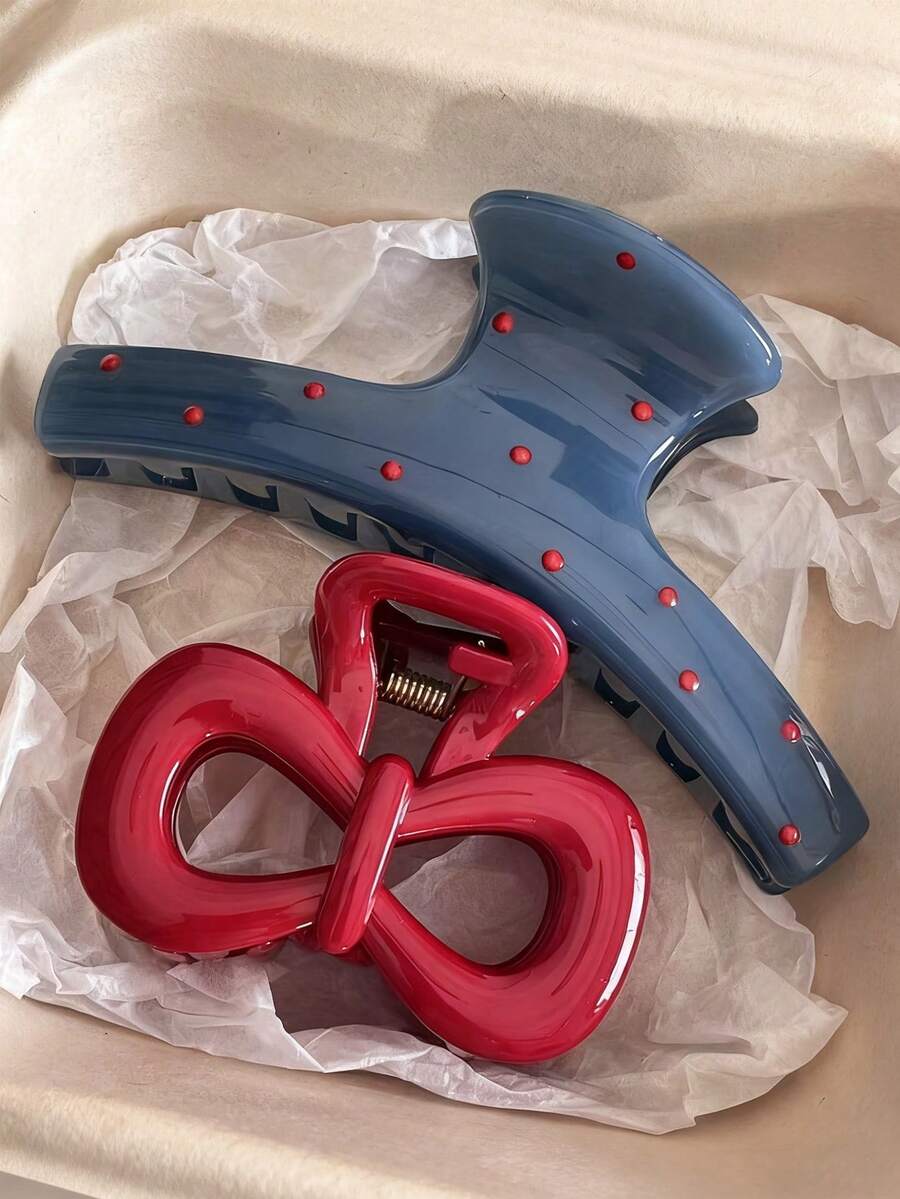 SHEIN مشابك شعر بلاستيكية قطعتين مزينة بنقاط حمراء وفيونكة حمراء