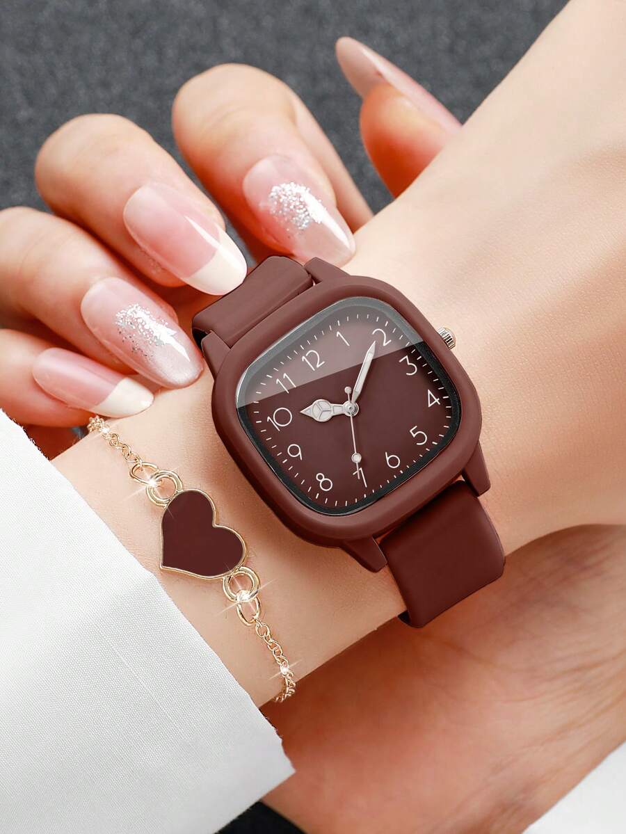 SHEIN مجموعة ساعة نسائية من السيليكون مع سوار بشكل قلب