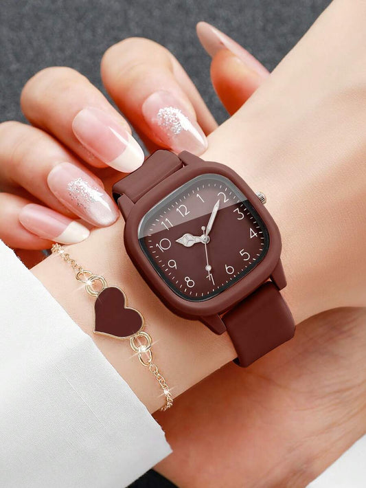 SHEIN مجموعة ساعة نسائية من السيليكون مع سوار بشكل قلب