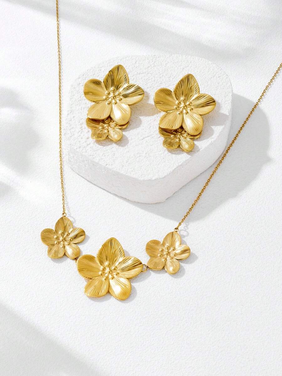 SHEIN مجوهرات بتصميم زهرة فولاذ ذهبي خماسية البتلات