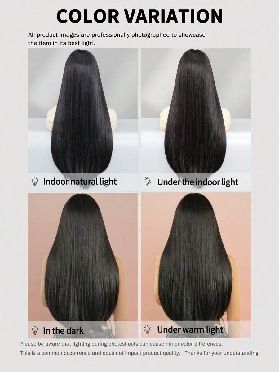 SHEIN 7JHH WIGS شعر ناعم وطويل بلون أسود طبيعي مع غرة