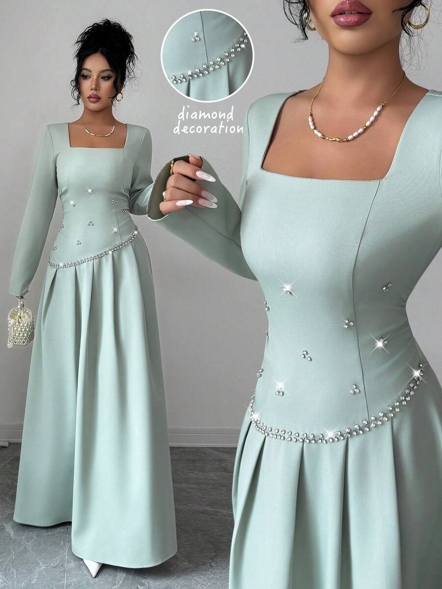 SHEIN Elenzya فستان أنيق بتصميم من الراين الأخضر