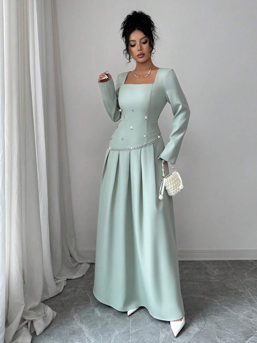 SHEIN Elenzya فستان أنيق بتصميم من الراين الأخضر