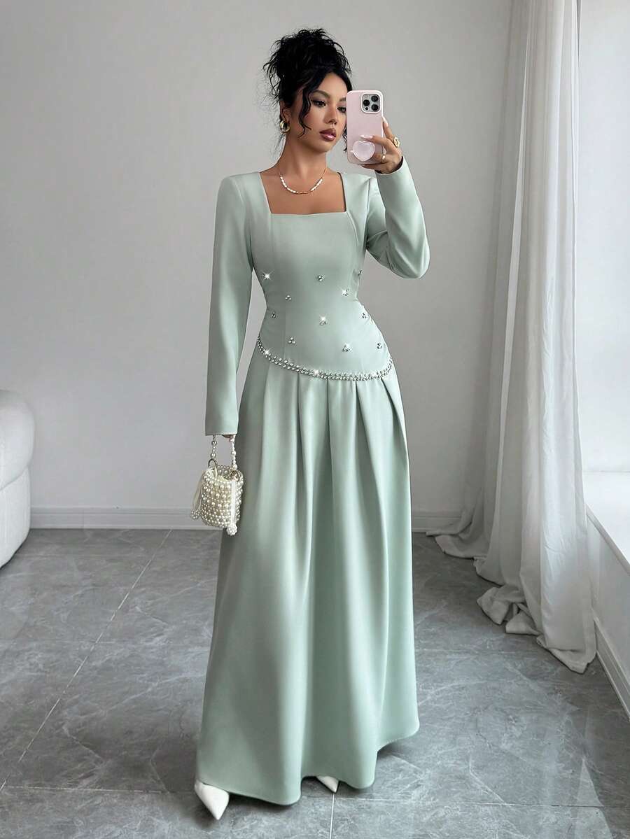 SHEIN Elenzya فستان أنيق بتصميم من الراين الأخضر