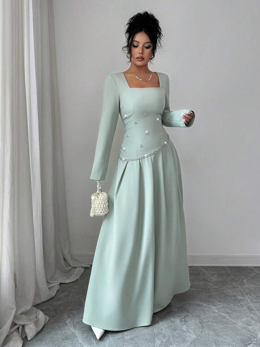 SHEIN Elenzya فستان أنيق بتصميم من الراين الأخضر