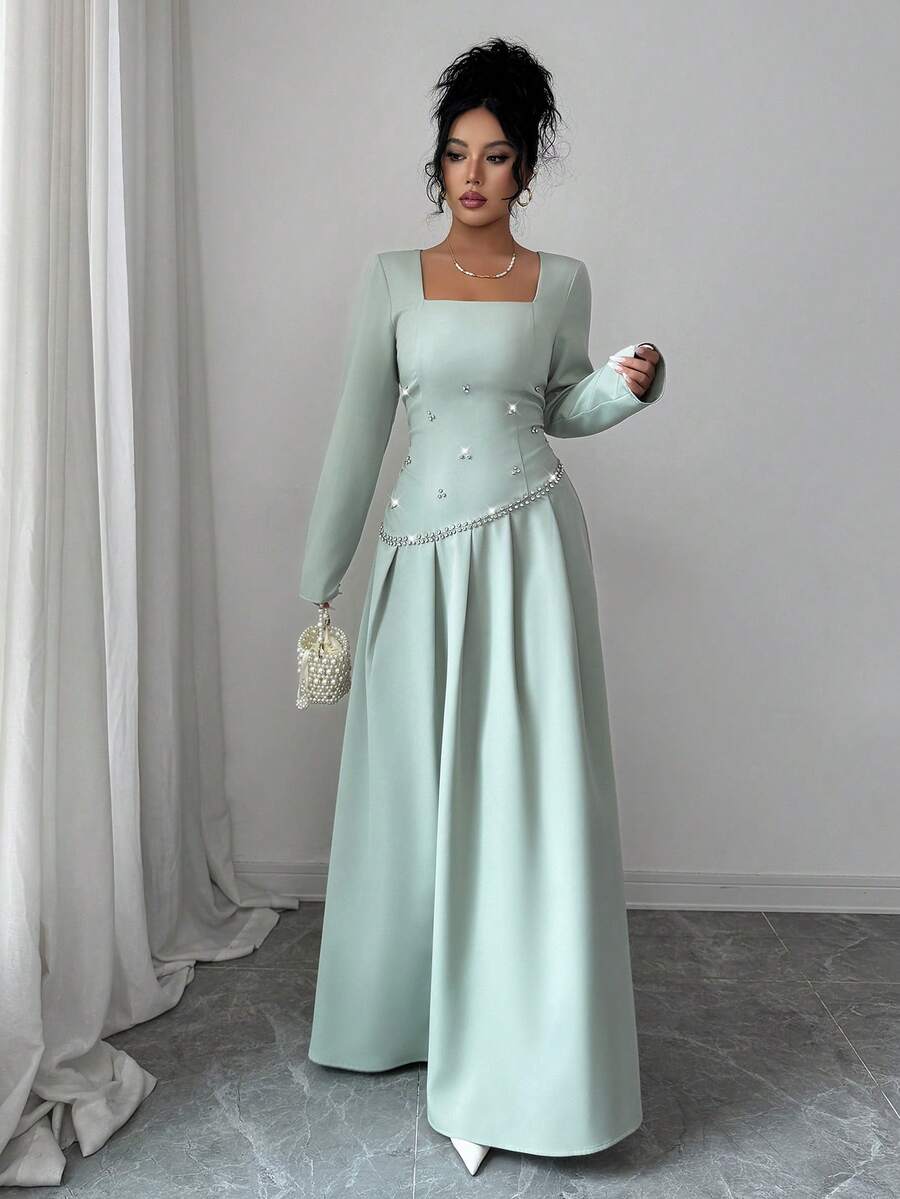 SHEIN Elenzya فستان أنيق بتصميم من الراين الأخضر