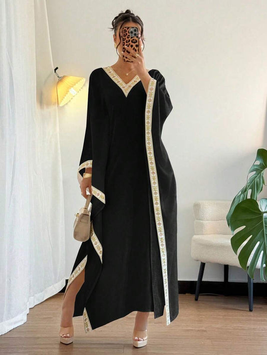 SHEIN Islaluna فستان أسود أنيق بأكمام خفافيش مزين بشريط ملون