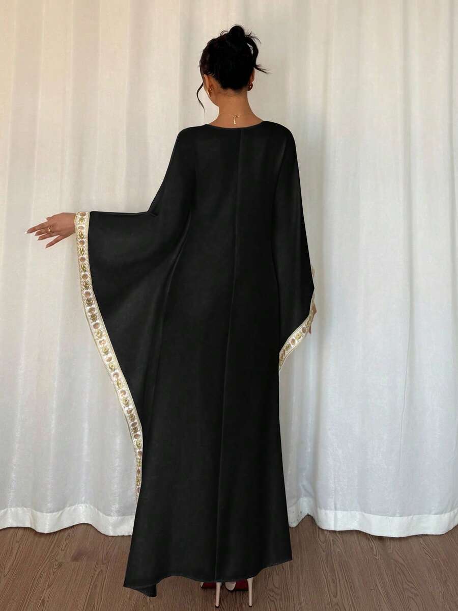 SHEIN Islaluna فستان أسود أنيق بأكمام خفافيش مزين بشريط ملون