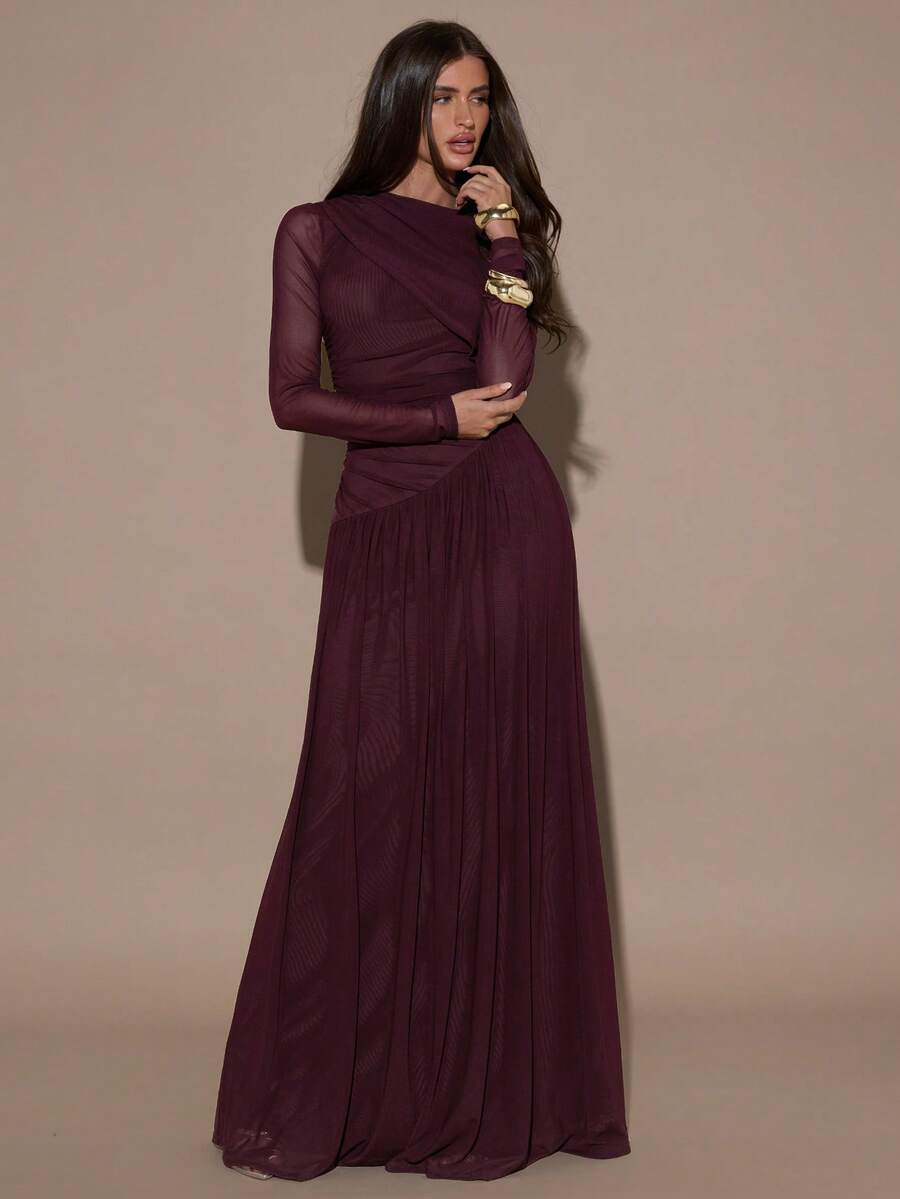 SHEIN BAE فستان بأكمام طويلة من قماش الشبك بلون أرجواني بكشكشة