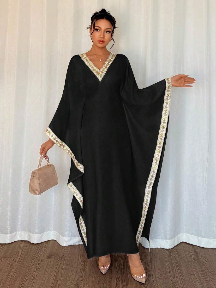 SHEIN Islaluna فستان أسود أنيق بأكمام خفافيش مزين بشريط ملون