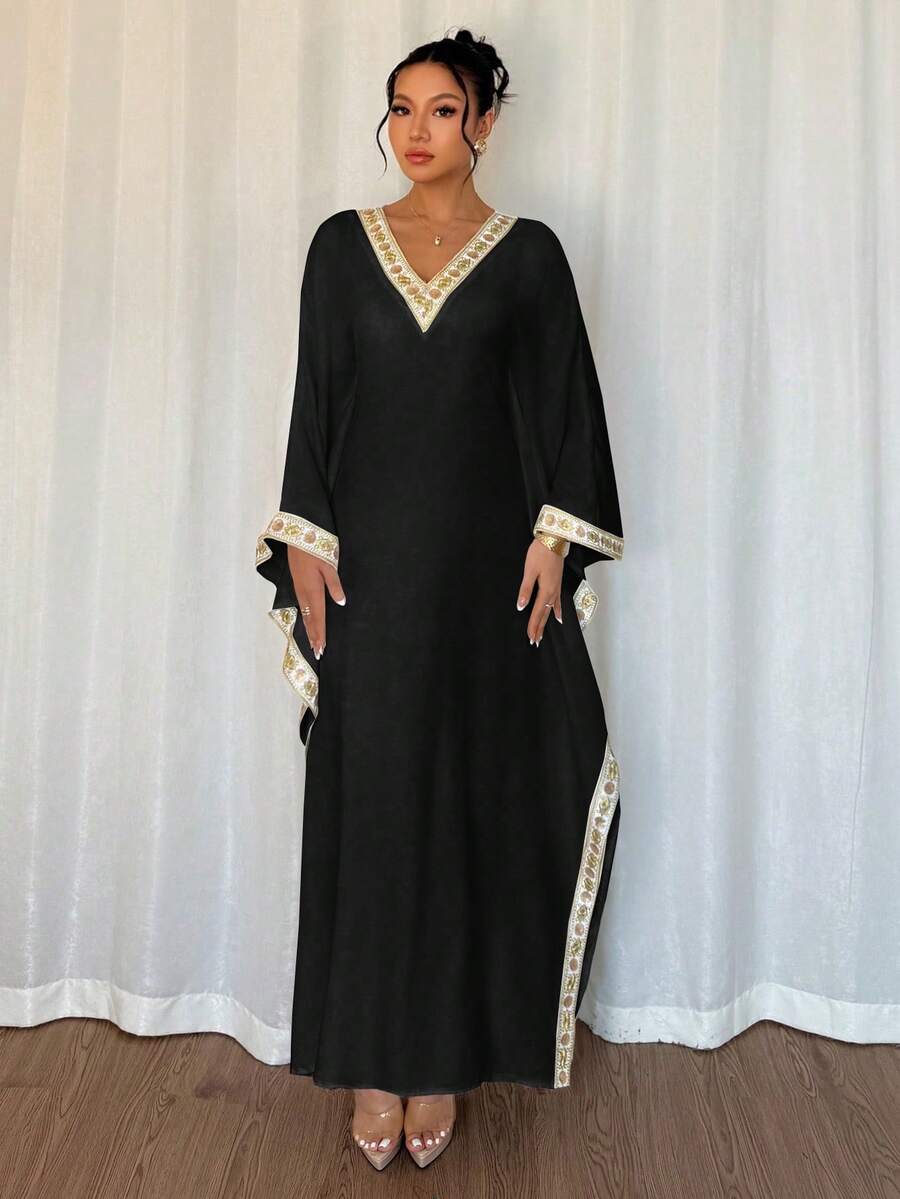 SHEIN Islaluna فستان أسود أنيق بأكمام خفافيش مزين بشريط ملون