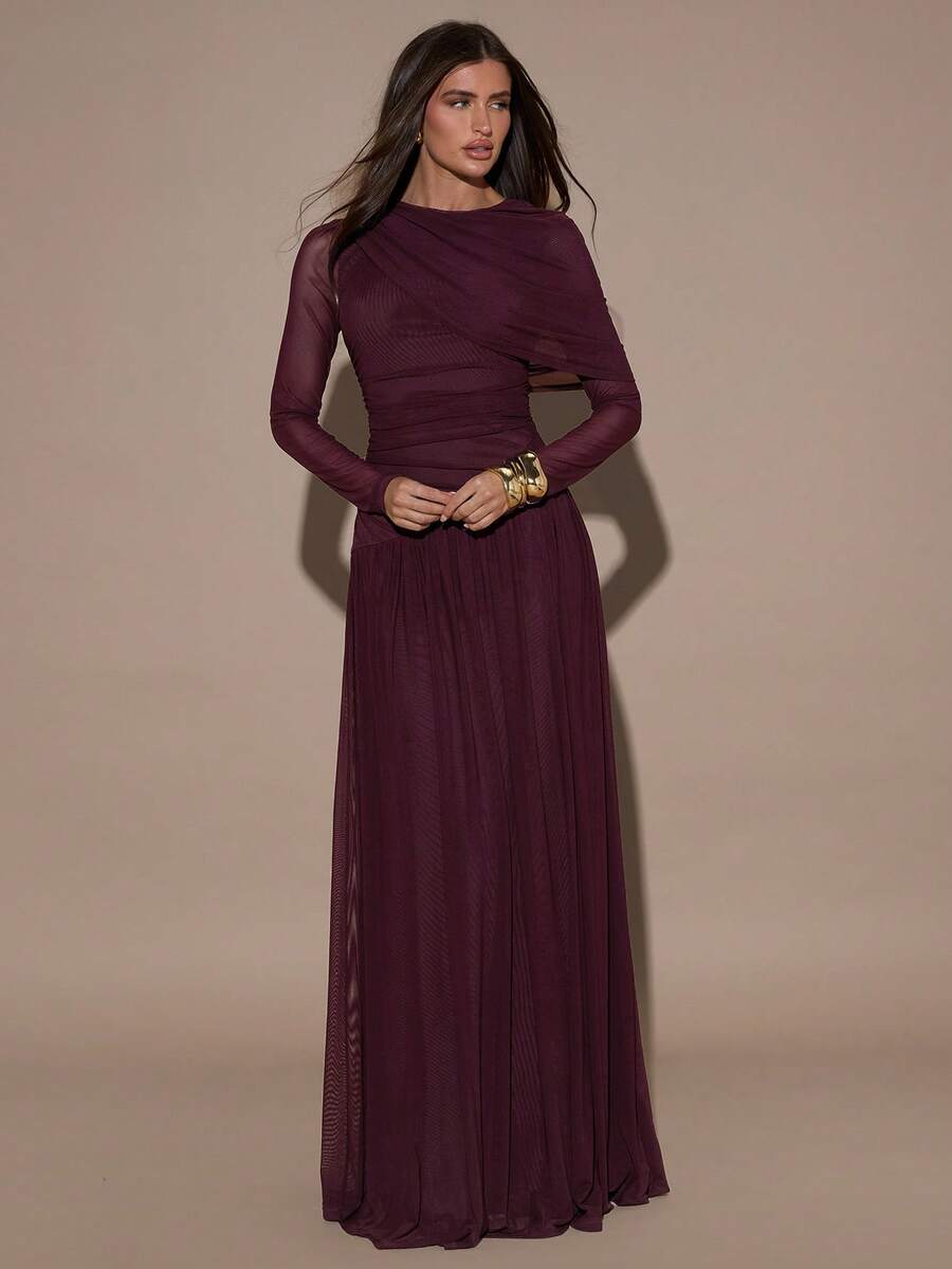 SHEIN BAE فستان بأكمام طويلة من قماش الشبك بلون أرجواني بكشكشة