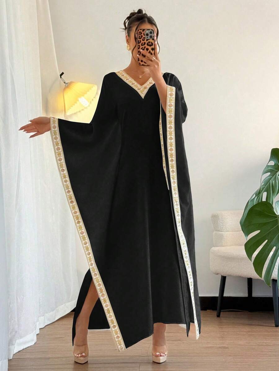 SHEIN Islaluna فستان أسود أنيق بأكمام خفافيش مزين بشريط ملون