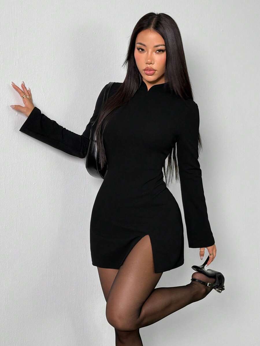 SHEIN PETITE فستان أسود أنيق بطوق واقف وأكمام ضيقة وواسعة