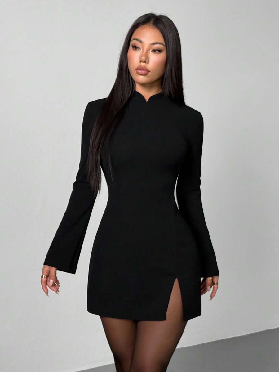 SHEIN PETITE فستان أسود أنيق بطوق واقف وأكمام ضيقة وواسعة