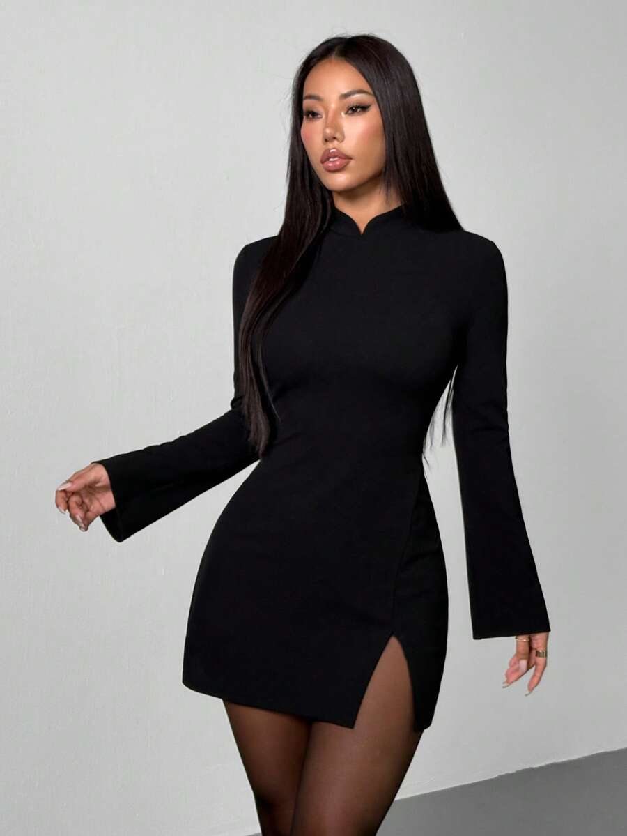 SHEIN PETITE فستان أسود أنيق بطوق واقف وأكمام ضيقة وواسعة