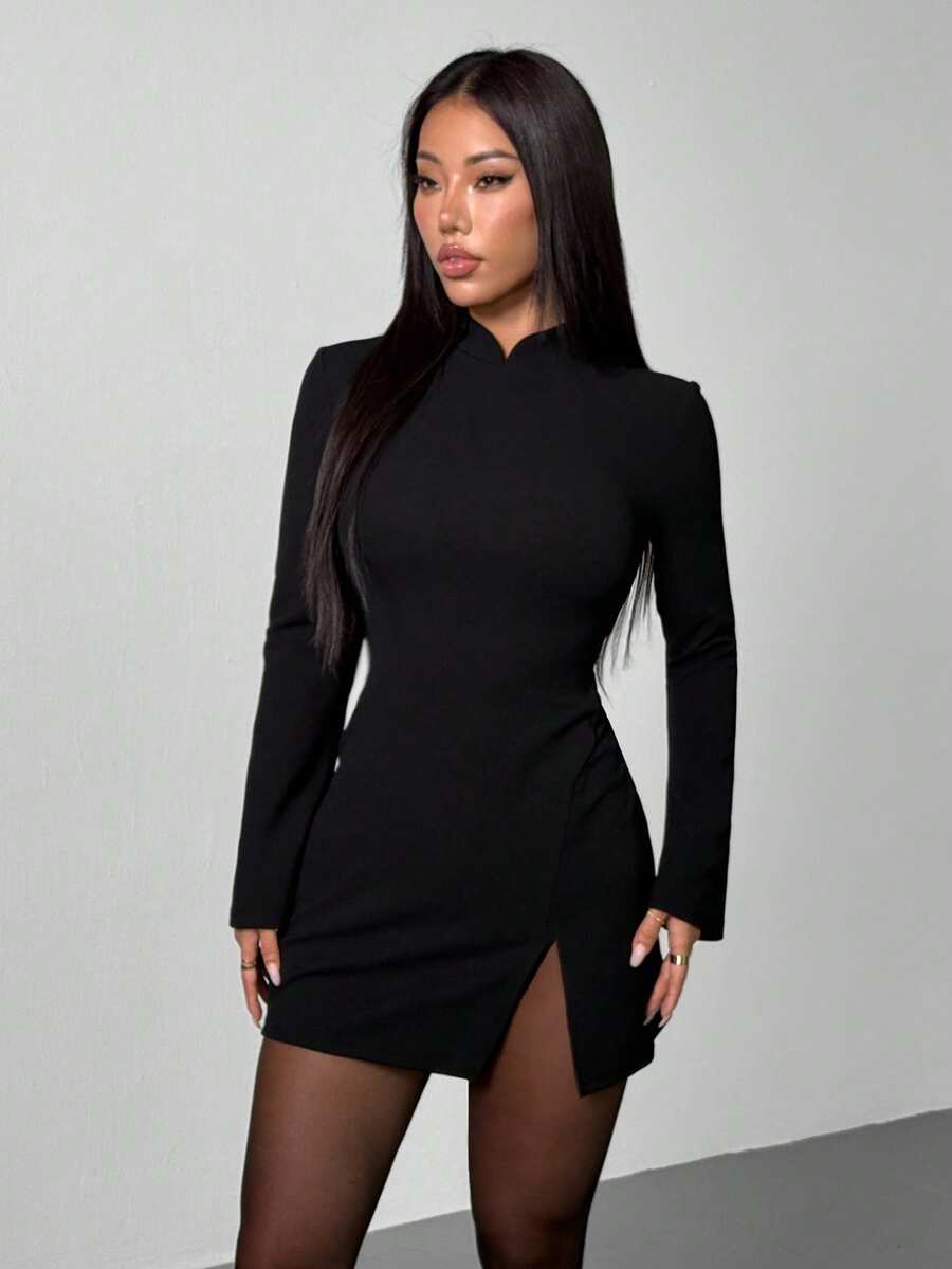 SHEIN PETITE فستان أسود أنيق بطوق واقف وأكمام ضيقة وواسعة