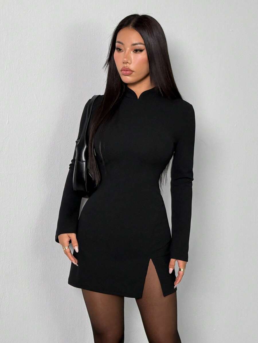SHEIN PETITE فستان أسود أنيق بطوق واقف وأكمام ضيقة وواسعة