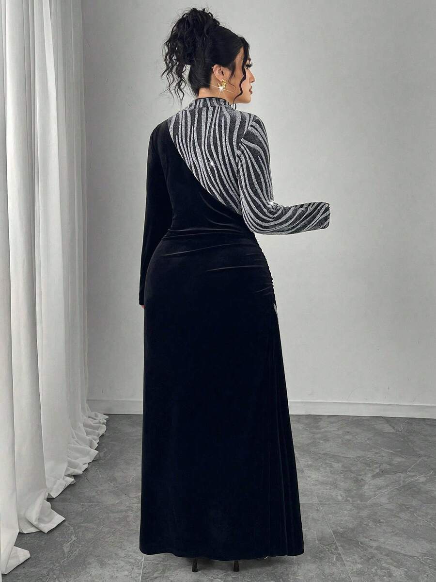 SHEIN Modelyn فستان أسود مخمل بياقة عالية للمقاسات الكبيرة