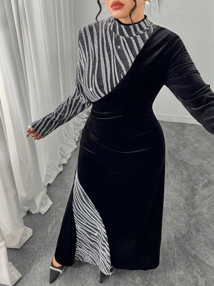 SHEIN Modelyn فستان أسود مخمل بياقة عالية للمقاسات الكبيرة