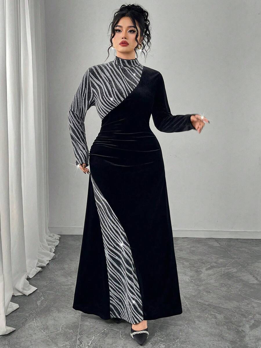 SHEIN Modelyn فستان أسود مخمل بياقة عالية للمقاسات الكبيرة