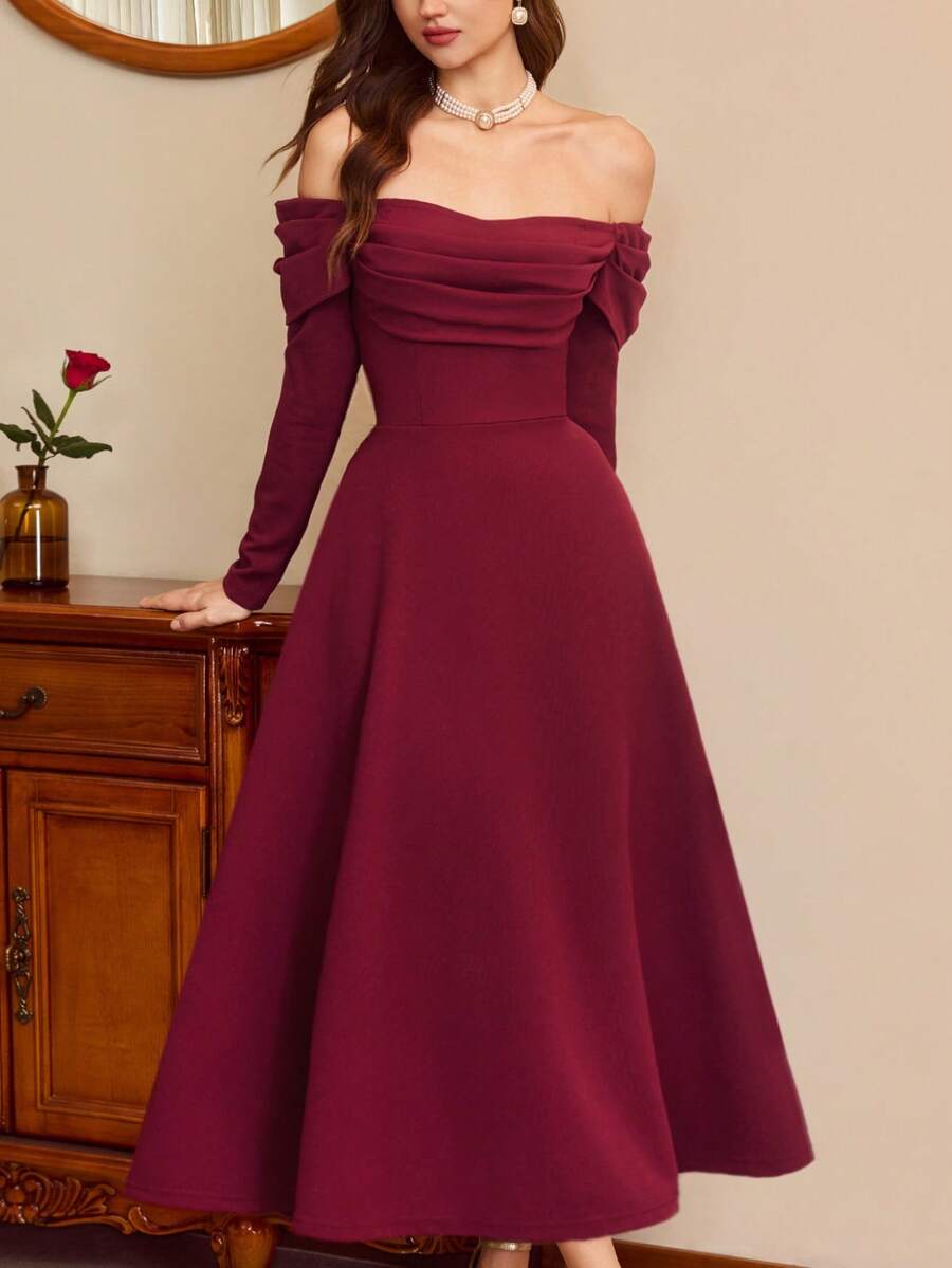 SHEIN Vintamour فستان عنابي طويل مع جيوب