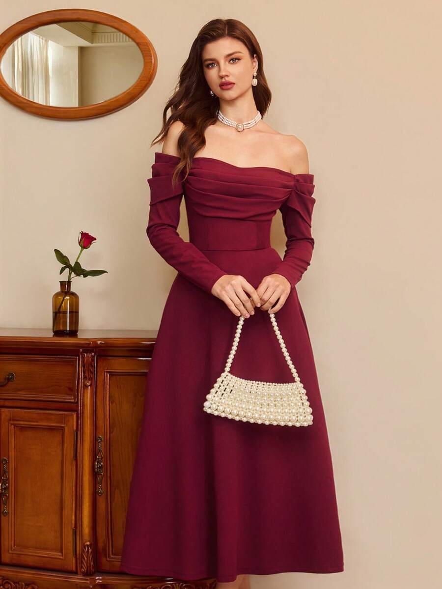 SHEIN Vintamour فستان عنابي طويل مع جيوب
