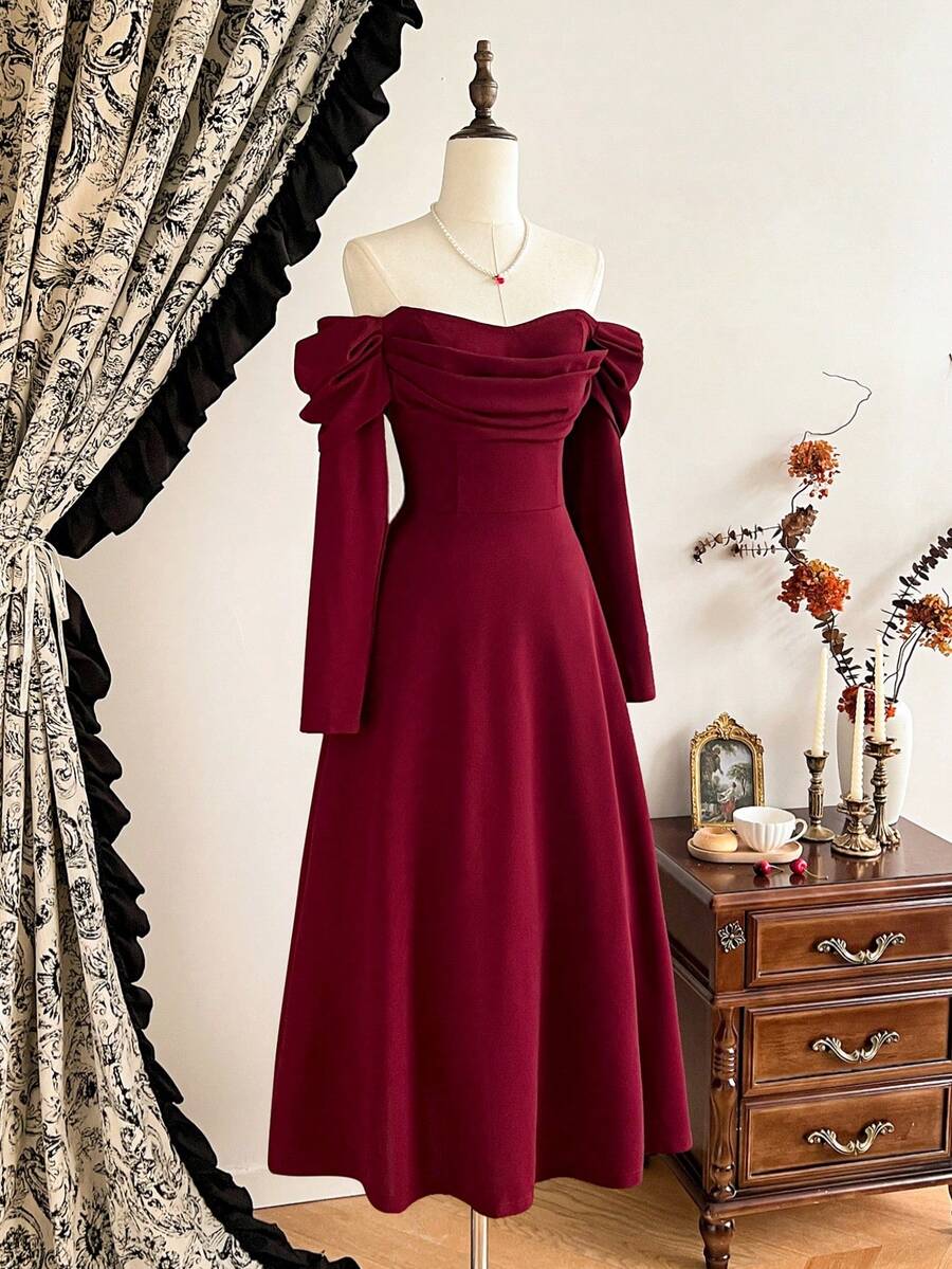 SHEIN Vintamour فستان عنابي طويل مع جيوب