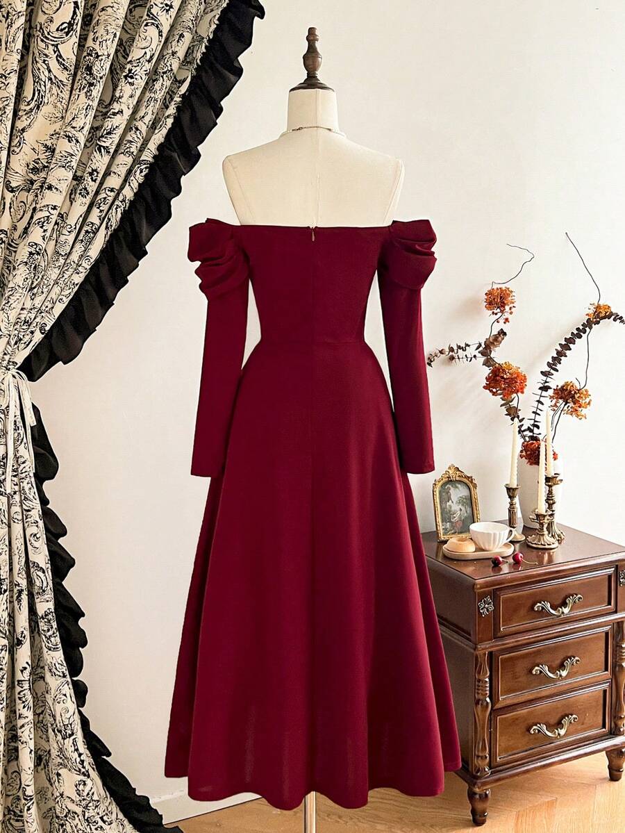 SHEIN Vintamour فستان عنابي طويل مع جيوب