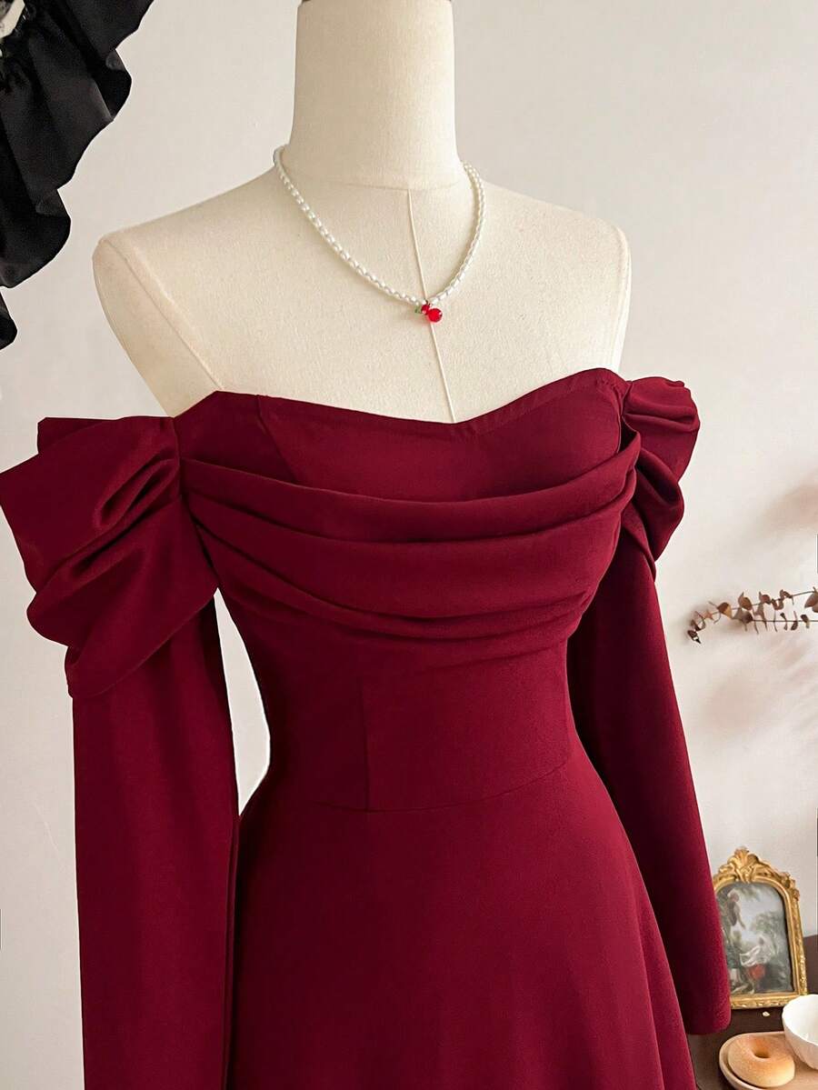 SHEIN Vintamour فستان عنابي طويل مع جيوب