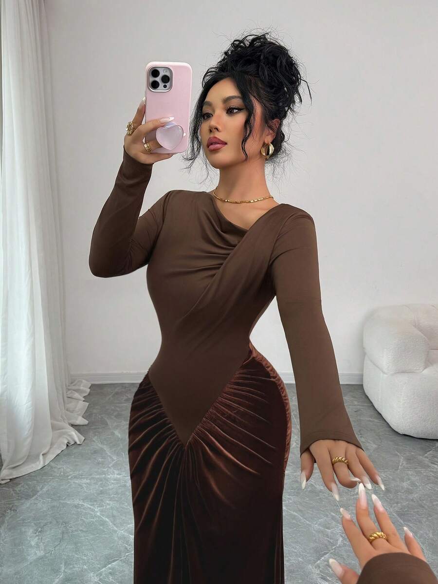 SHEIN Elenzya فستان بني مضفر على الكتف المائل ضيق الخصر