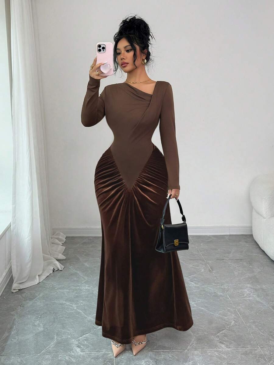 SHEIN Elenzya فستان بني مضفر على الكتف المائل ضيق الخصر