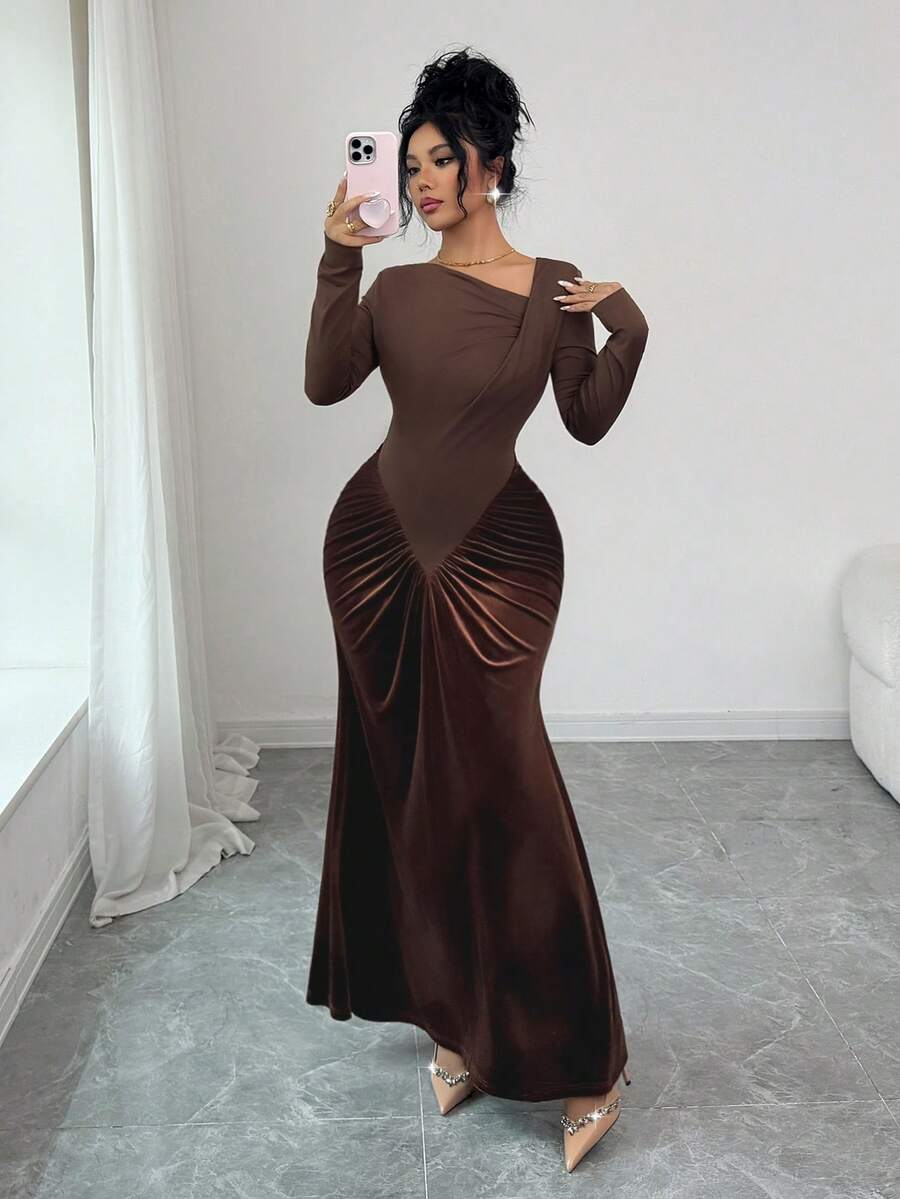 SHEIN Elenzya فستان بني مضفر على الكتف المائل ضيق الخصر