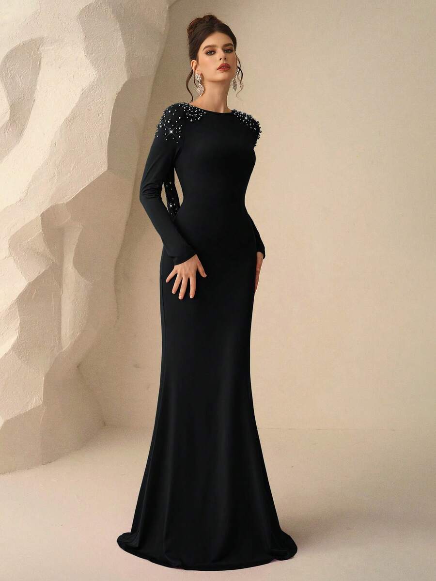 SHEIN Coutiva فستان سهرة أسود مزخرف فاخر بظهر مكشوف