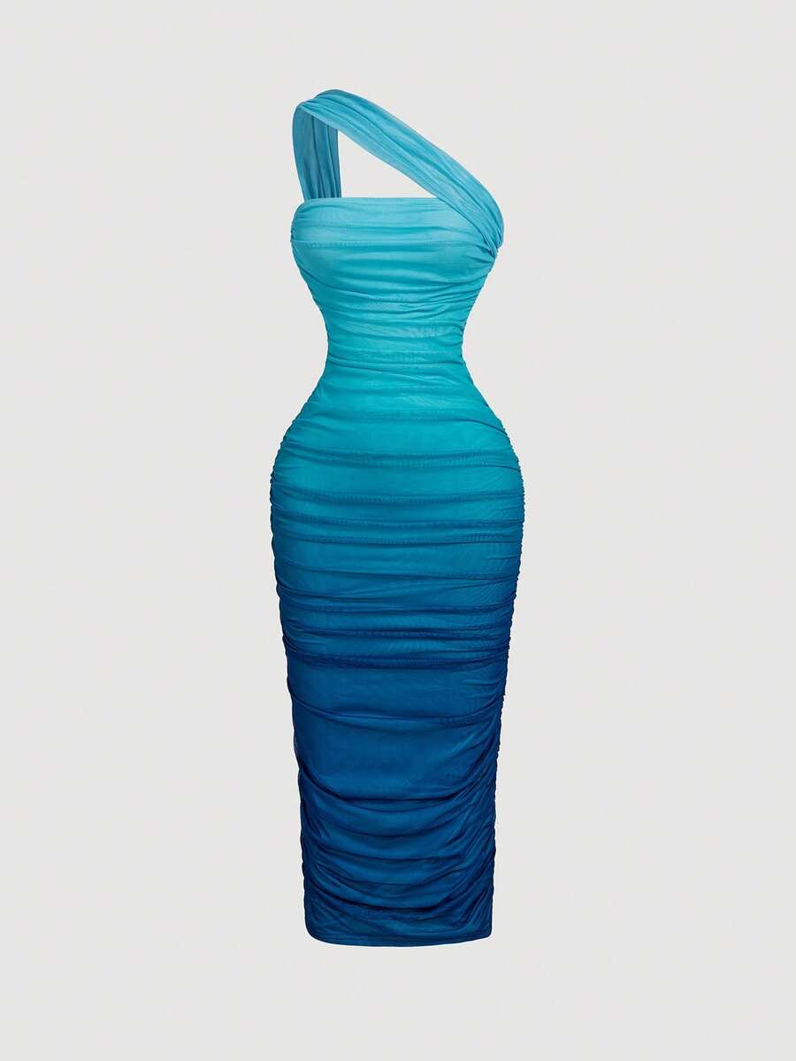 SHEIN MOD فستان أزرق أومبير شبكي مكشكش ضيق بكتف واحد