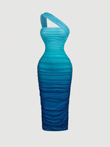 SHEIN MOD فستان أزرق أومبير شبكي مكشكش ضيق بكتف واحد