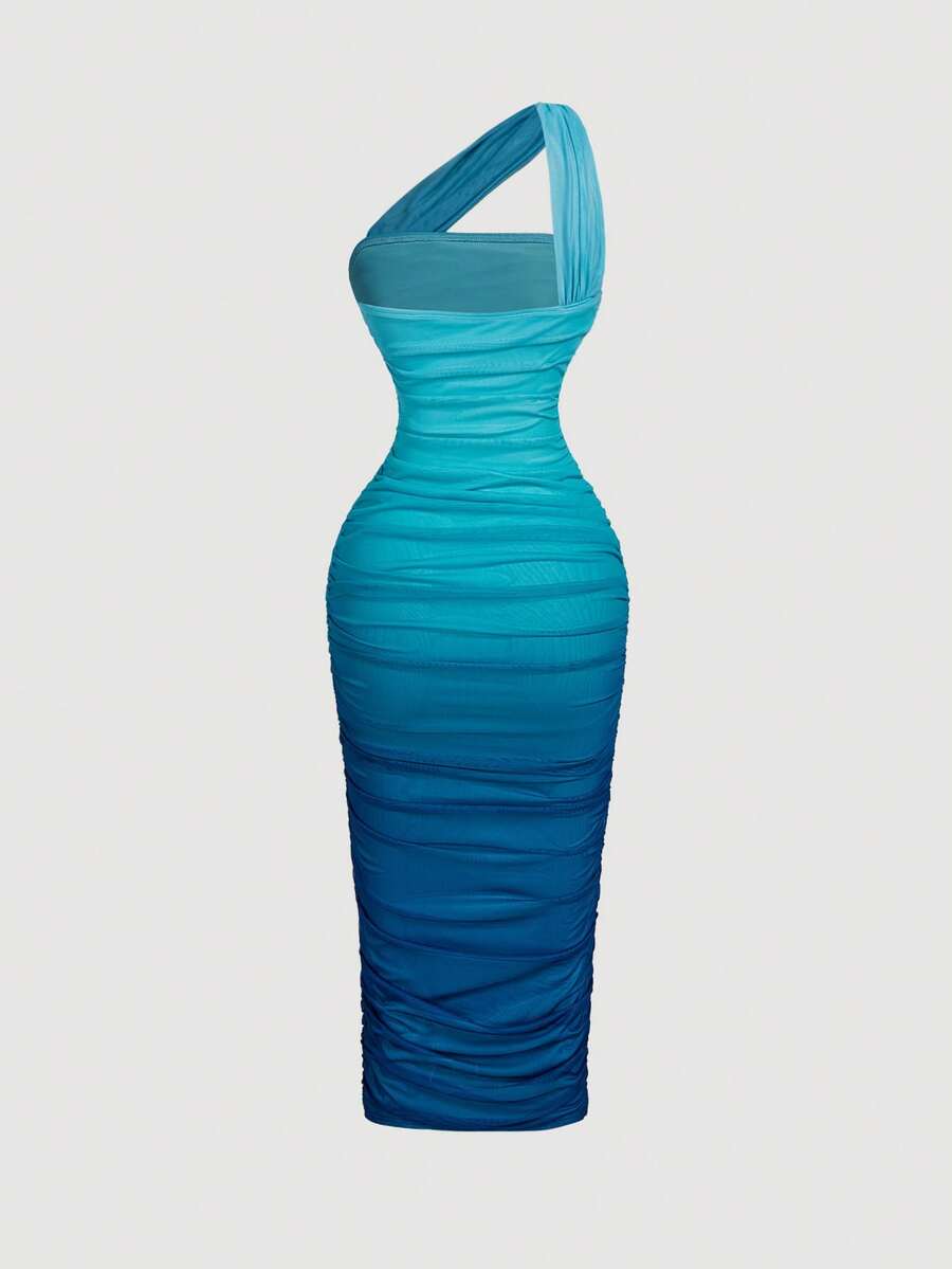 SHEIN MOD فستان أزرق أومبير شبكي مكشكش ضيق بكتف واحد