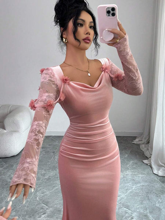 SHEIN Elenzga فستان ماكسي وردي بأكمام دانتيل مخملية وزهور على الكتف