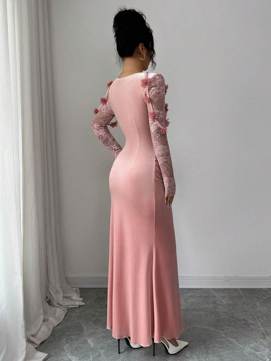 SHEIN Elenzga فستان ماكسي وردي بأكمام دانتيل مخملية وزهور على الكتف