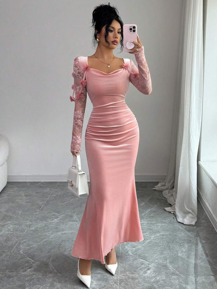 SHEIN Elenzga فستان ماكسي وردي بأكمام دانتيل مخملية وزهور على الكتف