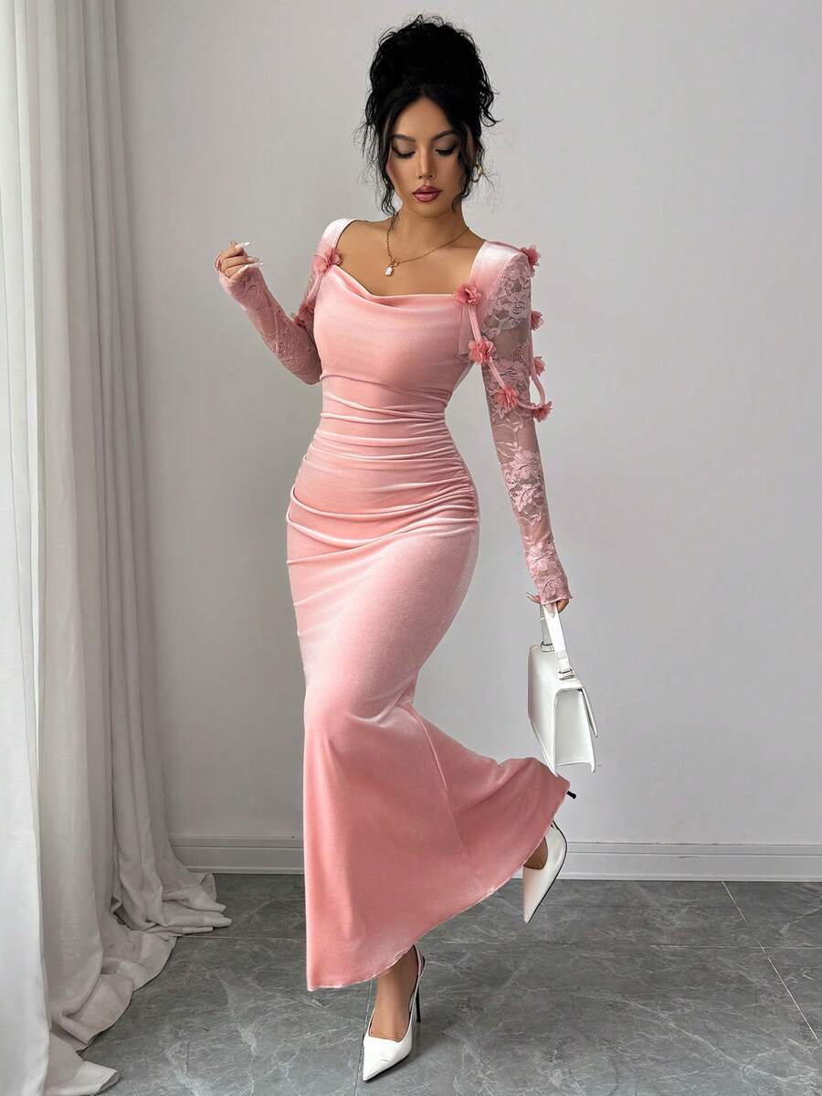 SHEIN Elenzga فستان ماكسي وردي بأكمام دانتيل مخملية وزهور على الكتف