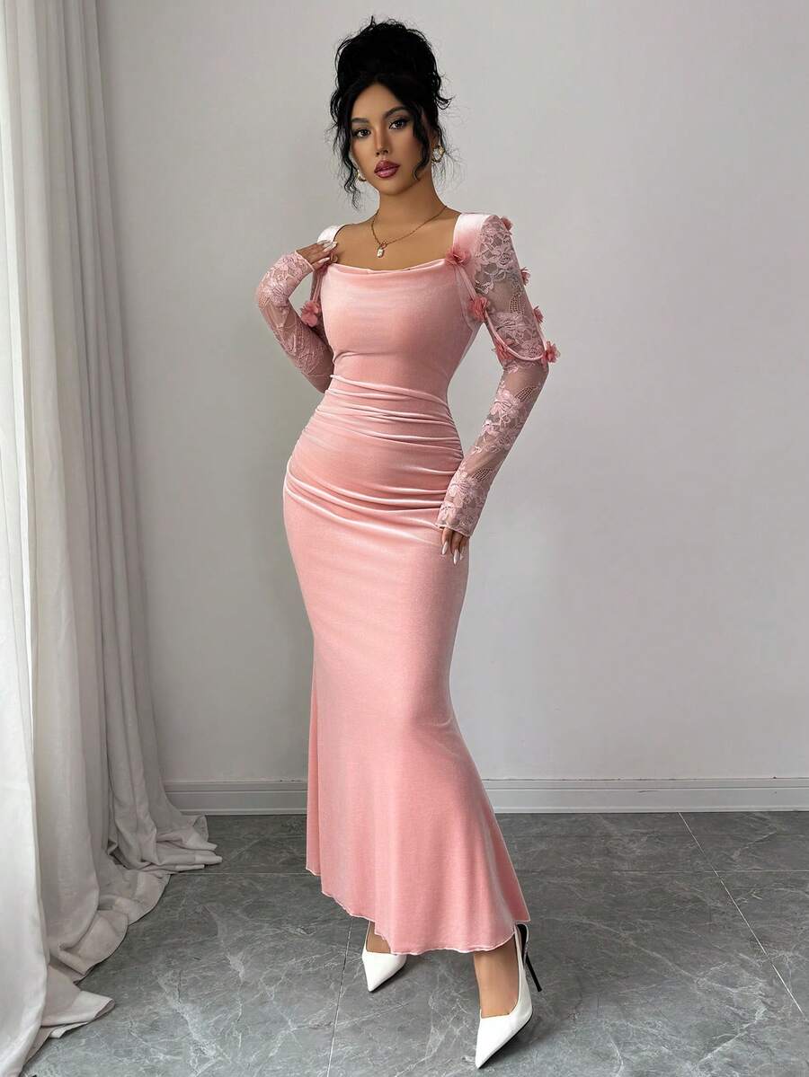 SHEIN Elenzga فستان ماكسي وردي بأكمام دانتيل مخملية وزهور على الكتف