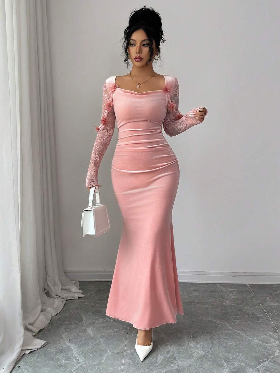 SHEIN Elenzga فستان ماكسي وردي بأكمام دانتيل مخملية وزهور على الكتف