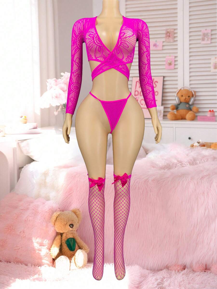 SHEIN PetitDoll مجموعة 4 قطع ملابس داخلية بوديسوت شبك وجوارب